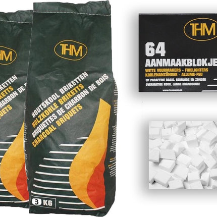 2X houtskoolbriketten van 3 KG inclusief aanmaakblokjes 64 Stuks - Barbecue - BBQ - 2 Stuks - 6kilogram briketten