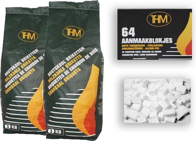 2X houtskoolbriketten van 3 KG inclusief aanmaakblokjes 64 Stuks - Barbecue - BBQ - 2 Stuks - 6kilogram briketten