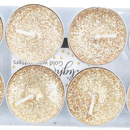 Theelichten met 8 Branduren - Waxinelichtjes - Glitter-theelichten - 8 Theelichten Glitter Goud
