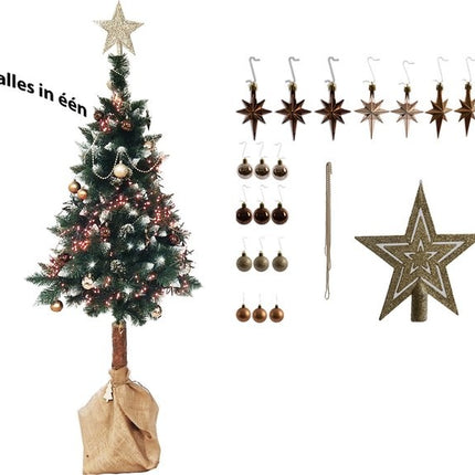 Compleet kerstboom met decoratie set | alles in één | Kerstboom 180 cm natuurlijke houten stam |Kerstverlichting 384 Led | 45 set kerstballen met piek Goud | met kerstbalhaakjes 50 stuks