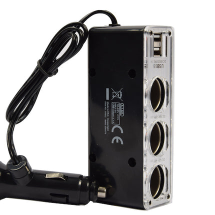 auto 12v splitter stekkerdoos 3-voudig met 2 USB poorten Zwart