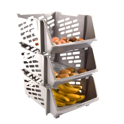 3x Groentemand | Beige | opbergmand voor groente en fruit | Mandenrek | Keukenrek | Rek met Manden  | Opbergrek | Aanrecht Organiseer | Aardappelbak – Fruitrek