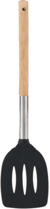 Keukengerei set van 6 stuks - Set Keukengerei -bakspatel 34 cm hout rvs - opscheplepel 34 cm hout zwart - schuimspaan 34 cm hout staal - schuimspaan 34 cm hout rvs - schuimspaan 34 cm hout rvs- schuimspaan 34 cm hout rvs