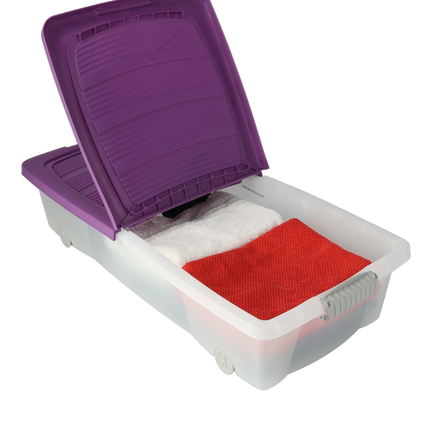 Opbergbox 32L met Wielen – Transparante Kunststof Box met Paars Deksel – Opslagbox voor Slaapkamer, Keuken of Schuur – 79x39x17 cm