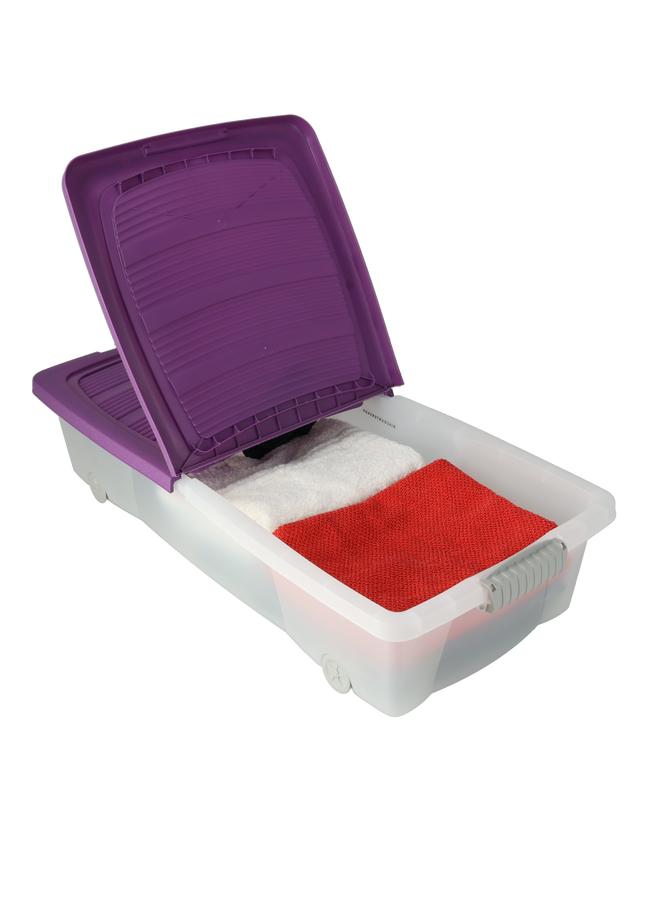 Opbergbox 32L met Wielen – Transparante Kunststof Box met Paars Deksel – Opslagbox voor Slaapkamer, Keuken of Schuur – 79x39x17 cm