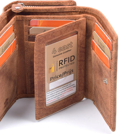 Portemonnee - portemonnee dames - portemonnee heren - portemonnee pasjes- Volledig leer- 4E-458 - RFID Protected Anti skim - 4East - Cognac - Camel - Portemonnee dames camel - Portemonnee Klein