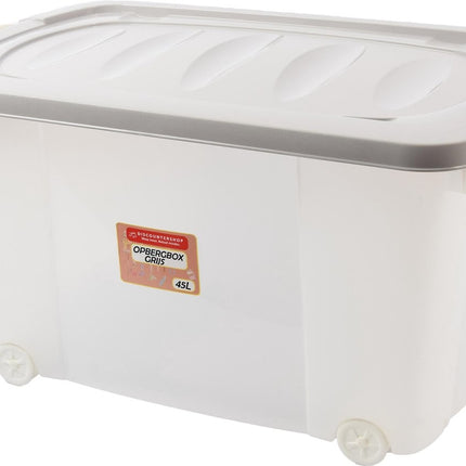 Rollerbox - opbergbox - 45L - 1 stuks - Wieltjes - Transparant/Grijs