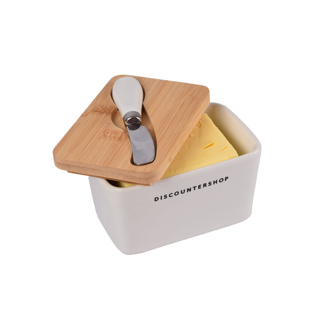 Botervloot met Bamboe Deksel | Incl. RVS Botermes | Wit & Beige | 14 cm x 9.5 cm x 8.5 cm | Ideaal voor Huishouden en Camping | Stijvolle Vershoudbakje | Opslagdoos voor Boter