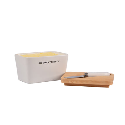 Botervloot met Bamboe Deksel | Incl. RVS Botermes | Wit & Beige | 14 cm x 9.5 cm x 8.5 cm | Ideaal voor Huishouden en Camping | Stijvolle Vershoudbakje | Opslagdoos voor Boter