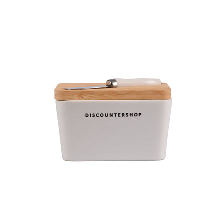 Botervloot met Bamboe Deksel | Incl. RVS Botermes | Wit & Beige | 14 cm x 9.5 cm x 8.5 cm | Ideaal voor Huishouden en Camping | Stijvolle Vershoudbakje | Opslagdoos voor Boter
