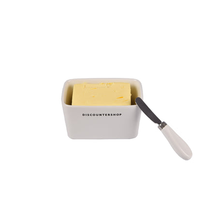 Botervloot met Bamboe Deksel | Incl. RVS Botermes | Wit & Beige | 14 cm x 9.5 cm x 8.5 cm | Ideaal voor Huishouden en Camping | Stijvolle Vershoudbakje | Opslagdoos voor Boter