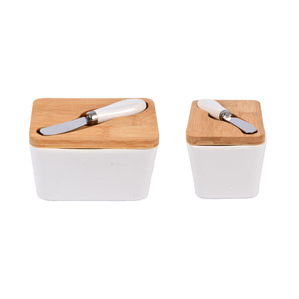 Keramische Botervloot Set met Bamboe Deksel & Mes – Duurzame Botervloot 2 Stuks voor Boter en Smeersels – Stijlvol Keukenaccessoire - Vaatwasmachinebestendig Botermes -14cm (Mes 13cm) x 9.5cm x 8.5cm