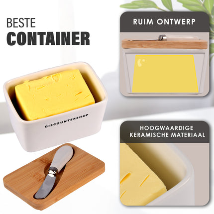 Keramische Botervloot Set met Bamboe Deksel & Mes – Duurzame Botervloot 2 Stuks voor Boter en Smeersels – Stijlvol Keukenaccessoire - Vaatwasmachinebestendig Botermes -14cm (Mes 13cm) x 9.5cm x 8.5cm