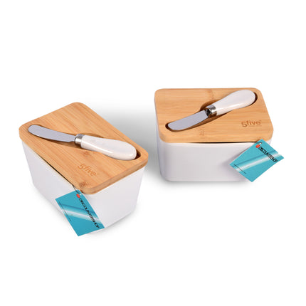 Keramische Botervloot Set met Bamboe Deksel & Mes – Duurzame Botervloot 2 Stuks voor Boter en Smeersels – Stijlvol Keukenaccessoire - Vaatwasmachinebestendig Botermes -14cm (Mes 13cm) x 9.5cm x 8.5cm