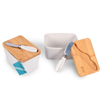 Keramische Botervloot Set met Bamboe Deksel & Mes – Duurzame Botervloot 2 Stuks voor Boter en Smeersels – Stijlvol Keukenaccessoire - Vaatwasmachinebestendig Botermes -14cm (Mes 13cm) x 9.5cm x 8.5cm