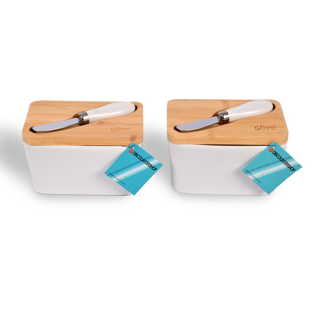 Keramische Botervloot Set met Bamboe Deksel & Mes – Duurzame Botervloot 2 Stuks voor Boter en Smeersels – Stijlvol Keukenaccessoire - Vaatwasmachinebestendig Botermes -14cm (Mes 13cm) x 9.5cm x 8.5cm