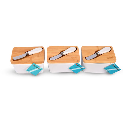 Botervloot  met Multifunctioneel Botermes | Botervloot met Bamboe Deksel | Boterdoos in Wit & Beige | Keramiek Botervloot  | 14 cm x 9.5cm x 8.5cm | 500ml - 3 stuks