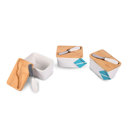 Botervloot  met Multifunctioneel Botermes | Botervloot met Bamboe Deksel | Boterdoos in Wit & Beige | Keramiek Botervloot  | 14 cm x 9.5cm x 8.5cm | 500ml - 3 stuks