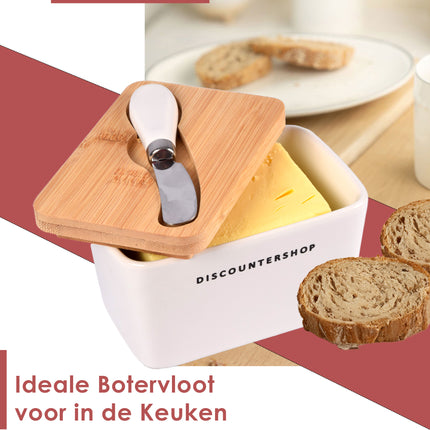Botervloot met Bamboe Deksel | Incl. RVS Botermes | Wit & Beige | 14 cm x 9.5 cm x 8.5 cm | Ideaal voor Huishouden en Camping | Stijvolle Vershoudbakje | Opslagdoos voor Boter