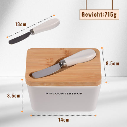 Keramische Botervloot Set met Bamboe Deksel & Mes – Duurzame Botervloot 2 Stuks voor Boter en Smeersels – Stijlvol Keukenaccessoire - Vaatwasmachinebestendig Botermes -14cm (Mes 13cm) x 9.5cm x 8.5cm