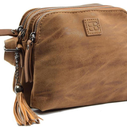 Bicky Bernard Schoudertas cognac - camel met 3 ritsen - tas - tassen - schoudertas dames - handtas - cognac-camel schoudertas - schoudertas meiden - 