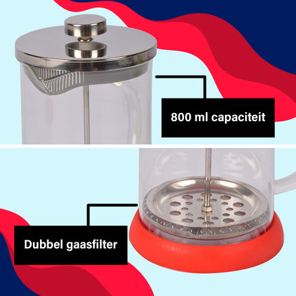 Schitterende Rode Cafetière - Glas | BPA-vrij | Geschikt voor de Vaatwasser | 9x5 cm, 0.39 kg | Inhoud: 800ml