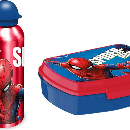 Spiderman Lunchset met waterfles 450ml en broodtrommel - Spiderman Aluminium Waterfles – Blauw - Broodtrommel spiderman