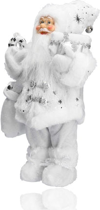 Vrolijk Kerstman tas vol cadeautjes | witte kerstman | Tafeldecoratie | winterdecoratie |Kerstpop figuur| van muts tot bodem 37cm