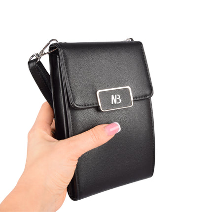 Stijlvol Telefoontasje - Zwarte Crossbody Tas (18cm Hoog) - Leren Schoudertas - 2 Ruime Vakken, inclusief 4 Creditcardvakken
