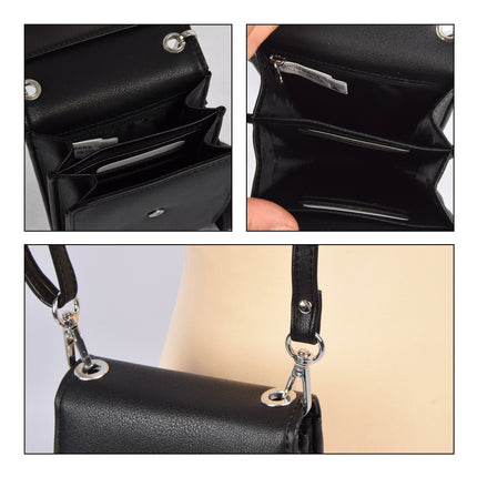Stijlvol Telefoontasje - Zwarte Crossbody Tas (18cm Hoog) - Leren Schoudertas - 2 Ruime Vakken, inclusief 4 Creditcardvakken
