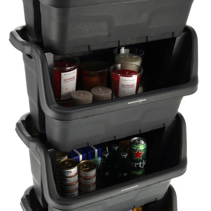 Stapelbak Magazijnbak XL Zwart - 59x37x35 cm - Stevige Stapelbare Box voor Magazijn, Schuur & Voedselopslag