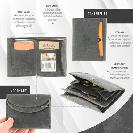 Dubbele Overslag Kleine Leren Portemonnee | Unisex RFID Bescherming | Handige Portefeuille Heren & Dames | Met 2 Overslagkleppen | 2 Pasjeshouder, Bil & Muntvak | 9x7x2cm - Grijs