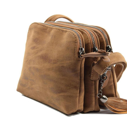 Bicky Bernard Schoudertas cognac - camel met 3 ritsen - tas - tassen - schoudertas dames - handtas - cognac-camel schoudertas - schoudertas meiden - 