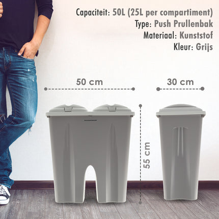 Dubbele Prullenbak 50L - Afvalemmer met Deksel - Afvalscheiding (2x25L) - Afvalbak voor Thuis en Kantoor
