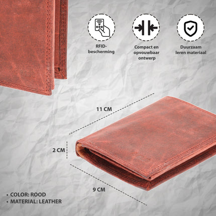 Rode Lederen Billfold Portemonnee van 4 East - 9x2x11 cm - 14 Creditcardvakjes - Muntenvak - Compact Formaat - voor Heren & Dames