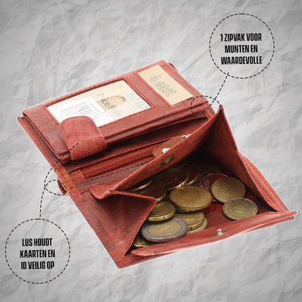 Rode Lederen Billfold Portemonnee van 4 East - 9x2x11 cm - 14 Creditcardvakjes - Muntenvak - Compact Formaat - voor Heren & Dames