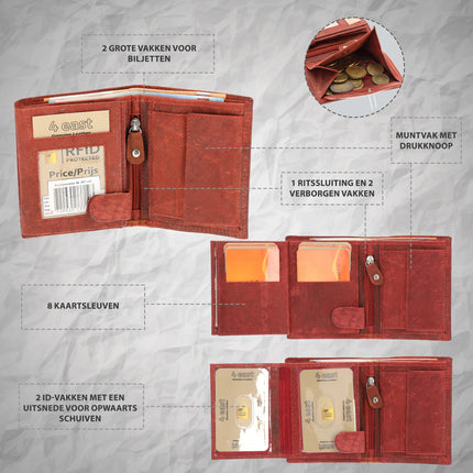 Rode Lederen Billfold Portemonnee van 4 East - 9x2x11 cm - 14 Creditcardvakjes - Muntenvak - Compact Formaat - voor Heren & Dames