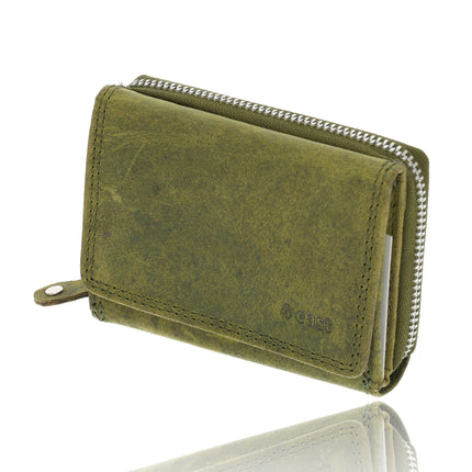 Unisex Overslagportemonnee Heren & Dames | Echt Leren Portemonnee met RFID | Kleine Portemonnee met Rits | Pasjeshouder met 5 Vakken | Cadeau voor Hem & Haar | 11x9x3 cm - Olijfkleurig