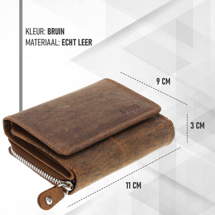Overslagportemonnee met Rits | Kliene Portemonnee Voor Heren & Dames | Leren Portemonnee met RFID | 5 Pasjeshouder | Cadeau voor Hem & Haar | 11x9x3 cm – Vintage Bruin
