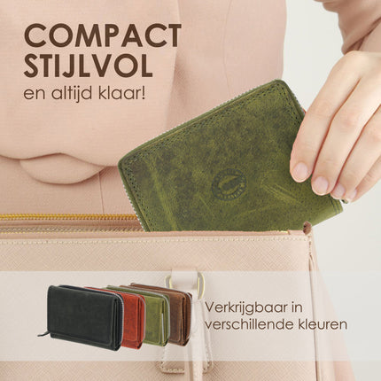 Unisex Overslagportemonnee Heren & Dames | Echt Leren Portemonnee met RFID | Kleine Portemonnee met Rits | Pasjeshouder met 5 Vakken | Cadeau voor Hem & Haar | 11x9x3 cm - Olijfkleurig