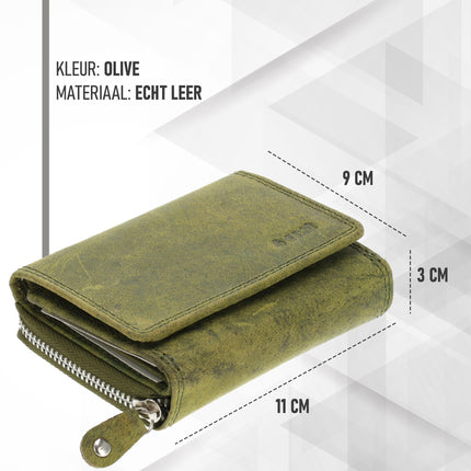 Unisex Overslagportemonnee Heren & Dames | Echt Leren Portemonnee met RFID | Kleine Portemonnee met Rits | Pasjeshouder met 5 Vakken | Cadeau voor Hem & Haar | 11x9x3 cm - Olijfkleurig