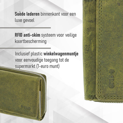 Unisex Overslagportemonnee Heren & Dames | Echt Leren Portemonnee met RFID | Kleine Portemonnee met Rits | Pasjeshouder met 5 Vakken | Cadeau voor Hem & Haar | 11x9x3 cm - Olijfkleurig