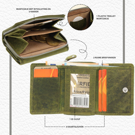 Unisex Overslagportemonnee Heren & Dames | Echt Leren Portemonnee met RFID | Kleine Portemonnee met Rits | Pasjeshouder met 5 Vakken | Cadeau voor Hem & Haar | 11x9x3 cm - Olijfkleurig