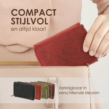 Overslagportemonnee met Rits | Voor Heren & Dames | Echt Leren Portemonnee met RFID | Kleine Portemonnee met 5 Pasjeshouder | Kerstcadeau voor Hem & Haar | 11x9x3 cm - Rood