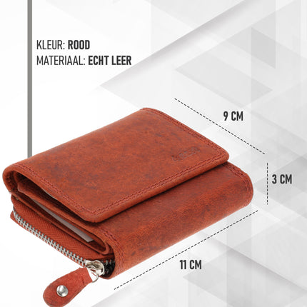 Overslagportemonnee met Rits | Voor Heren & Dames | Echt Leren Portemonnee met RFID | Kleine Portemonnee met 5 Pasjeshouder | Kerstcadeau voor Hem & Haar | 11x9x3 cm - Rood