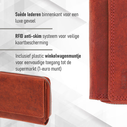 Overslagportemonnee met Rits | Voor Heren & Dames | Echt Leren Portemonnee met RFID | Kleine Portemonnee met 5 Pasjeshouder | Kerstcadeau voor Hem & Haar | 11x9x3 cm - Rood
