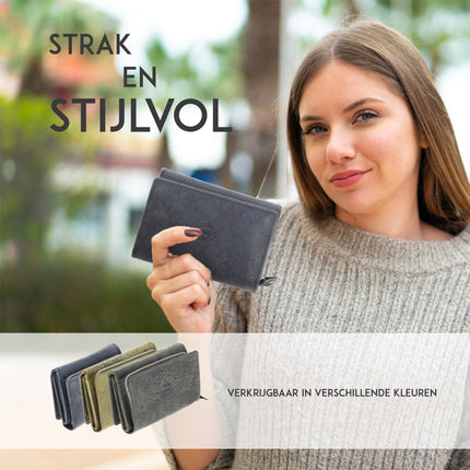 Overslag Portemonnee met RFID | Echt Leren Portemonnee | Dames & Heren | 11 Pasjeshouder | Portefeuille met Rits voor Hem & Haar | 12.5x8.5 cm - Navy
