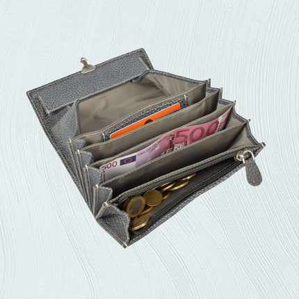 Leren Horeca Portemonnee met Munthouder | 3 Kaartvakken | 4 Biljetvakken | Ritsvak voor Munten | Groot Vak Pasjeshouder | Taxi Portemonnee voor Gemakkelijke Toegang tot Munten | 17cm x 4cm x 11cm | Zwart/Grijs  