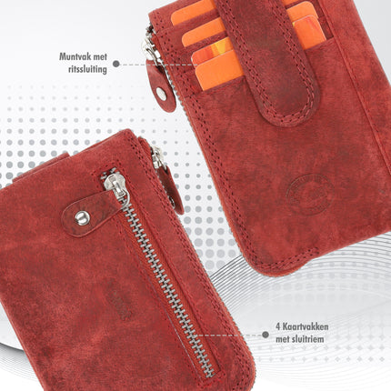 Mini portemonnee sleutelhanger | unisex rfid sleuteletui | mini portemonnee met rits | 4 pasjeshouder, 2 sleutelring &muntvak | 12.5x8x1cm - rood 