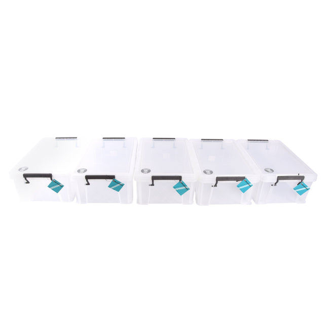 Set van 5 Stuks Stapelbare Grote Witte Opbergboxen van Plastic met Klikdeksel - Afmetingen: 39.5cm x 25.5cm x 15cm - Inhoud: 10L